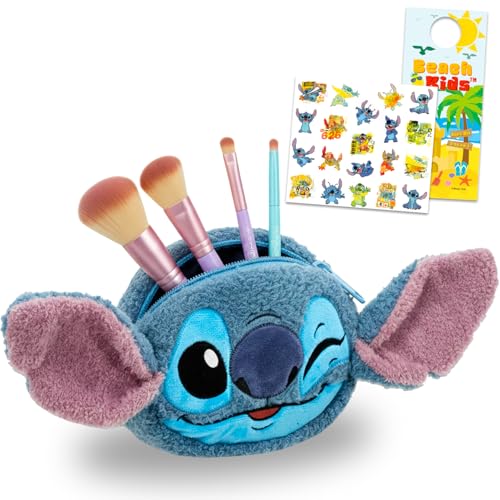 Disney Conjunto de bolsas de cosméticos Stitch – Pacote com bolsa de cosméticos de pelúcia para maquiagem, artigos de higiene para viagem, mais adesivos | Bolsa de viagem Lilo e Stitch para meninas