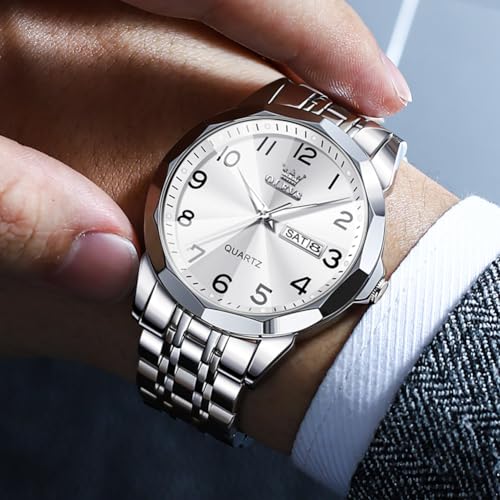 OLEVS Mens Watch, Dress Stainless Steel Analog Quartz Watches for Men with Day Date, Silver Gold Silver Two Tone Big Face Large Waterproof Luxury Casual Easy to Read Number Dial Men's Wrist Watch2