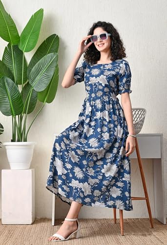 Image of Ichaa Women's Aqua Rayon Printed Maternity Dress with Feeding Zips and Pocket, in Plus Sizes