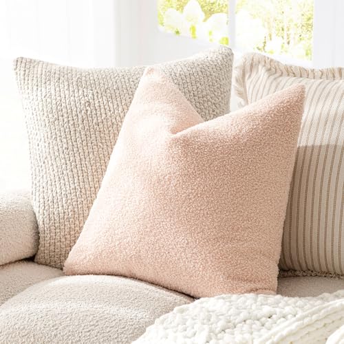 Image of Foindtower Pack of 2, Curly Faux Fur Decorative Throw Pillow Covers Soft Fuzzy Plush Cushion Case with Zipper Cozy Pillowcase for Home Living Room Couch Bed Sofa 22 x 22 Inch, Light Pink