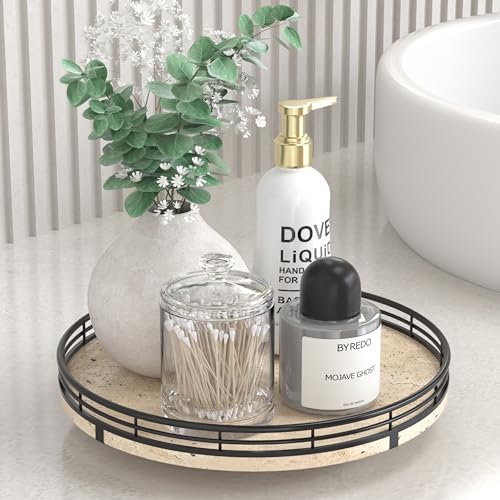 Image of Italian Natural Travertine Lazy Susan Turntable for Table Top - 10 inch Round Marble Tray Organizer for Bathroom, Vanity, Dining Table, Kitchen Countertop & Bar, Luxury Stone Serving Tray with Black Frame