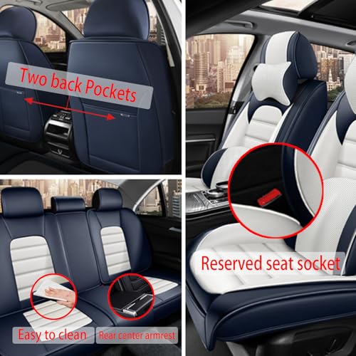 Image of Fit for Sedan SUV Pick-up Truck,Automotive,Ice Slik Nappa Leather Car Seat Covers,Waterproof Durability Washable Seat Covers,5 Seat Complete Set Luxury Car Seat Cover(Blue & White)