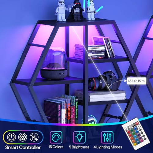 Image of HOOBRO Gaming Floating Shelves with LED Lights, Gaming Wall Mounted Shelf, Hexagonal Display Rack for Wall Storage, Floating Rack with 4 S-Hooks, for Gaming Room, Black BB76DBJ01
