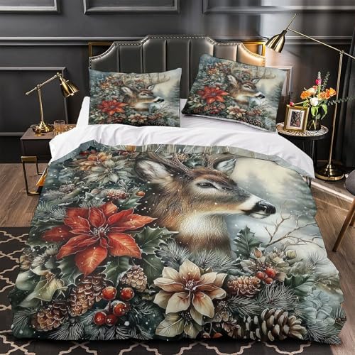 Parure de lit fleurs de Noël avec housse de couette cerf pour chambre d'ado cocooning