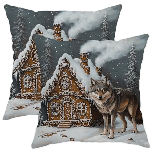 Housse de coussin d'hiver en velours doux pour maison, canapé, chambre à coucher, salon - Motif loup gris - 40,6 x 40,6 cm