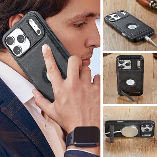 Image of Casus Designed for iPhone 17 Pro Case Compatible with MagSafe Kickstand Vegan Leather Slim Classic Luxury Elegant Thin Protective Cover with Tempered Glass Screen (2025) 6.3 inch - Black