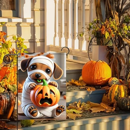 Image of Garden Flags - 12x18 Inch Double Sided Trick or Treat Dachshund Halloween Dog Skeleton Decorations for Outside