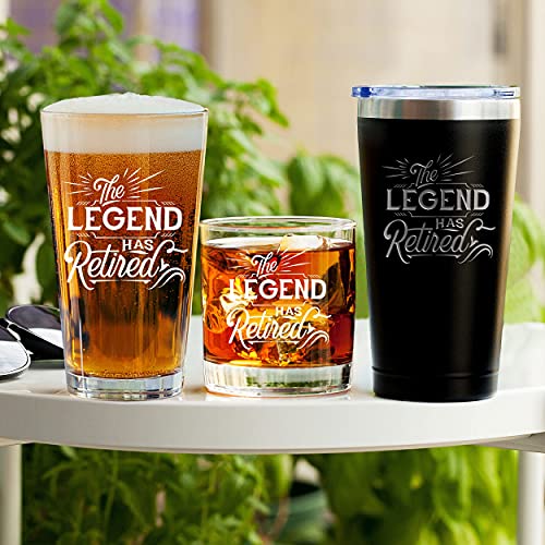 The Legend Has Retired Bundle (Set Of 3) - 16 Oz Black Stainless Steel Tumbler W/Lid, 16 Oz Beer Pint Glass And 11 Oz Whiskey Glass #TOP1