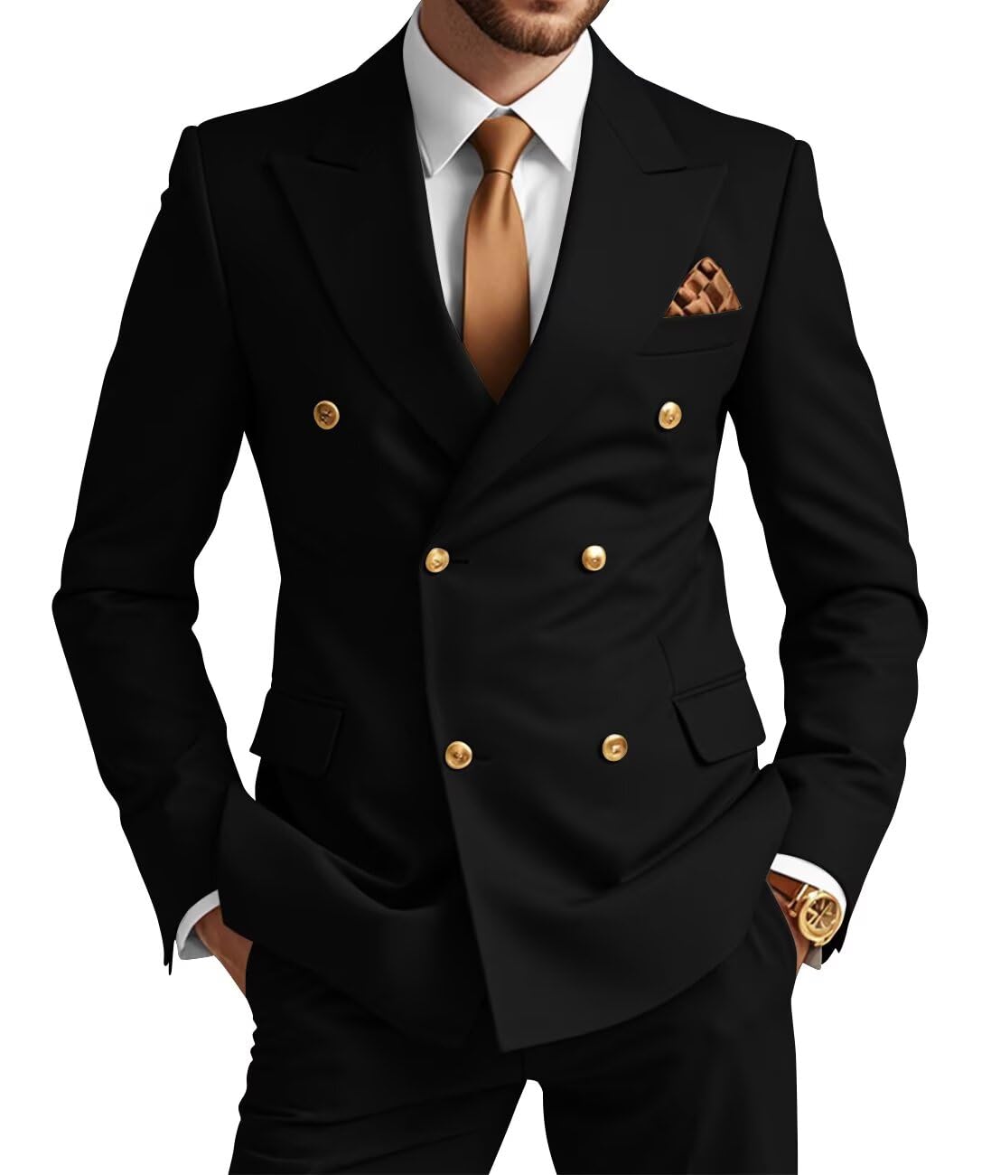 Wangyue Mens Double Breasted Suit 2 Piece Slim Fit Suits for Men Gold Buttons Blazer Pant Set Wedding Prom Formal