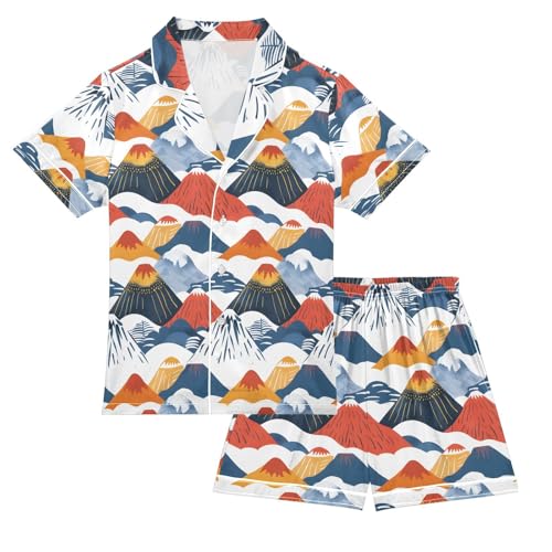 ALAZA Mountain Japanese Pajamas Satin Pajama Set Short Sleeve Button Down Sleepwear
