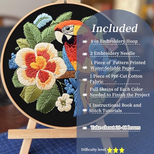 Image of FONNUY Embroidery Kit for Beginners, Birds with Flowers Pre-Stamped Pattern Kits for Adults with Hoop, Easy to Follow Color Thread Needlework, 8'' Hoop (Orange Parrot)