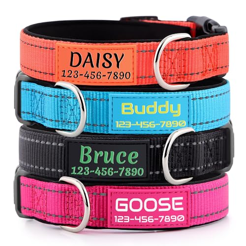 Personalized Dog Collars Custom with Pet Name and Phone Number, Soft Neoprene Padded Reflective Nylon Collar, 4 Adjustable Sizes – for Boy, Girl Dogs