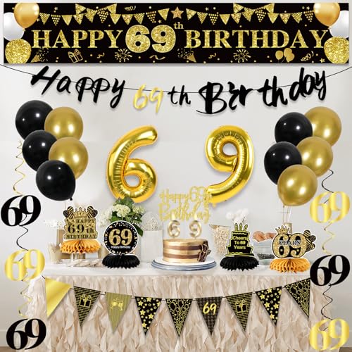 Image of 69th Birthday Decorations for Men, Black Gold 69th Party Decoration Kits