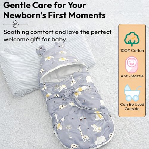 Image of VoiDrop Baby Swaddle Wrap for Newborn 0 to 9 Months, Baby Sleeping Bag with Hood, Muslin Swaddle for All Season, Animal Print -Grey