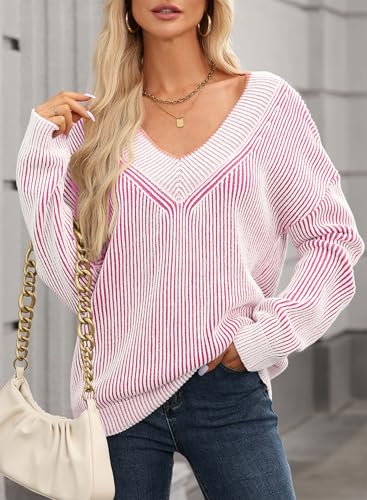 Image of EVALESS Sweater for Women 2024 Fall Trendy V Neck Long Sleeve Pullover Sweaters Loose Casual Color Block Ribbed Knit Tops