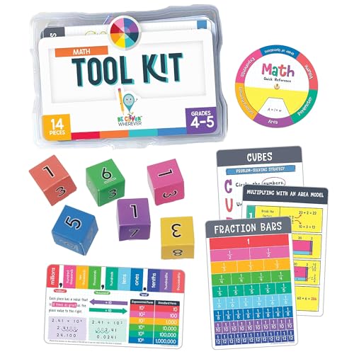 Carson Dellosa 30-Piece Be Clever Wherever Grades 4-5 Mathematics Tool Kit, Sticker Chart, Spin Wheel, Counting Cubes, and More Math Manipulatives Covering Multiplication and Fractions