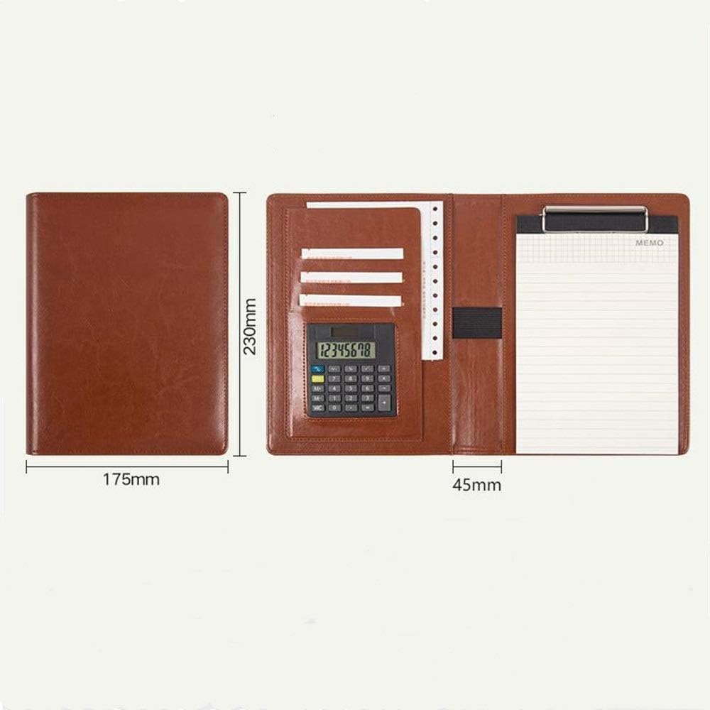 Teczka konferencyjna ze skóry PU, Skórzana teczka konferencyjna A4 Portfolio biznesowe z kalkulatorem Czarny Brąz 230x175mm(Bruin)