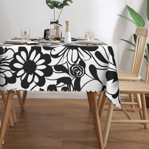 Nappe rectangulaire imprimé fleurs noires et blanches en tissu pour table - 4