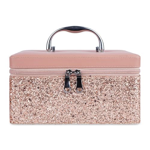 Image of FADAK Leather Cosmetic Makeup for Beauty Case Wedding Makeup Box Travel Large Vanity Mirror Storage Jewelry Bridal Box 22.50x 18.75x11.75 cm (Pink) Medium
