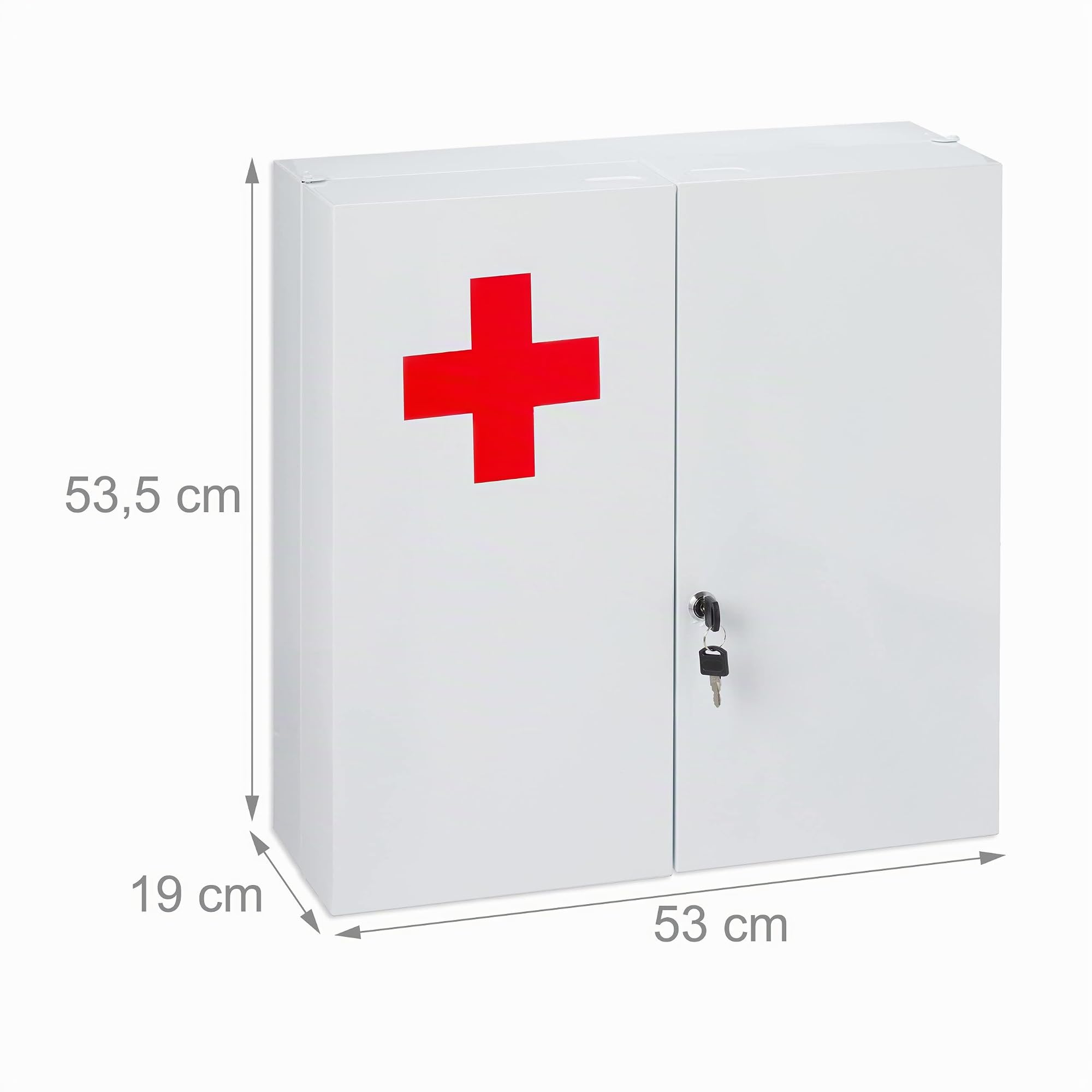 Relaxdays Armoire à Pharmacie XXL, verrouillable, 11 Compartiments, Acier, HxLxP: 53,5x53x19 cm, 2 Portes, Blanc - Rouge