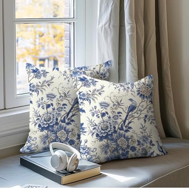 2Pcs Flowers Decorative Pillow Covers 18x18 Inch, Blue Floral Flowers Throw Pillow with Square Pillowcases, Bird Pillows Cover for Living Room Sofa Bedroom Decor, Flower Gifts for Women Mom Friend