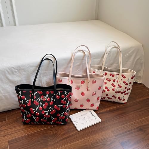 Image of hibear Cherry Print Tote Bag for Women Bow Shoulder Handbag Trendy Faux Leather Top-Handle Bag with Cherry Accessories