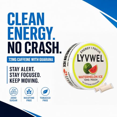 Image of LyvWel 72mg Caffeine Energy Pouches - Watermelon - Juicy, Refreshing Energy with Guarana - 5-Pack (80 Total Pouches)