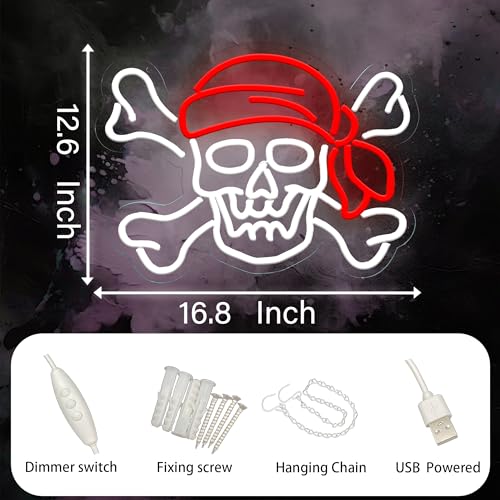 Image of Pirate Neon Sign, USB Powered LED Light for Room Decor 16.7x12.4 inches | Pirate Wall Decor for Bedroom, Game Room, Halloween Party, Bar, Theme Events and Fans Gift