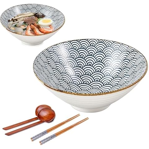 WEUNUM Ceramic Ramen Bowl Set of 2, 60 oz Large Japanese Udon Soba Pho Asian Soup Noodle Bowls with Chopsticks and Spoons Cover