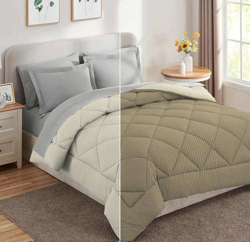Image of HOMEKART 220 GSM Microfiber Reversible Comforter for Double Bed | Ultra Soft, Skin-Friendly & Hypoallergenic Solid Striped Blanket | Lightweight Cozy & Machine Washable (254CMx228CM, Mouse & Beige)