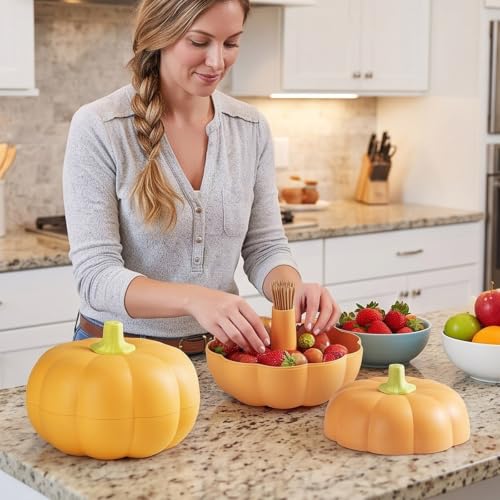 Halloween Candy Bowl, 7 Inches Detachable Multi Compartment Storage Reusable Pumpkin-Shaped Fruit Tray with Sealed Top Cover,Multi-Purpose Multi Scenario Universal Fruit Bowl for Autumn Halloween - image 9
