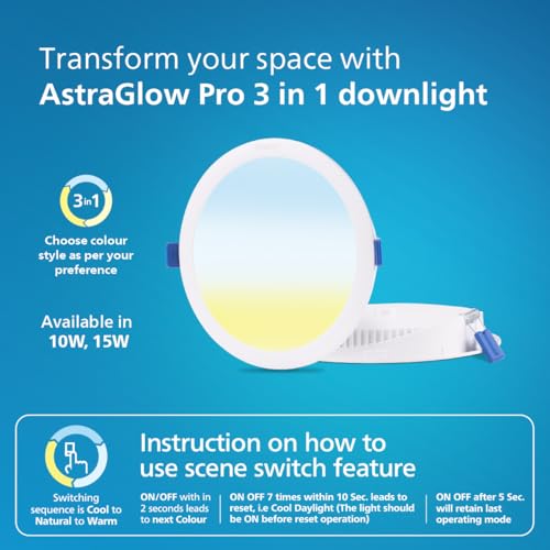 Image of PHILIPS 10W 3in1 Round AstraGlow Pro LED Ceiling Light | Slim Surface Panel for Home & Office | Energy Efficient Bright LED Fixture | Pack of 6