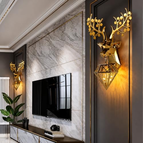 Image of Modern Metallic Golden Deer Wall Sconce with Diamond Cage Light, Metal Wall Art, Antler Design, Decorative Wall Lamp for Living Room, Bedroom, Home, Hotel, Cafe with Filament Bulb (Deer)