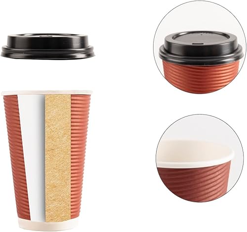 Miniatura 4 de 50 juegos de tazas de café caliente aisladas de 12 onzas con tapas, papel desechable de fácil agarre ondulado burdeos para llevar