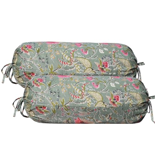 Image of Trance Home Linen Premium 16X32 Inches Bolster Paisley Covers Set Of 2 | 100% Cotton | Anti-Pill 200 Tc | Dewan Bed Round Pillow Cover With Tie Knot (Calicut Green - Pack Of 2)