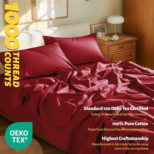 Shilucheng 100% Egyptian Cotton Sheets Set,Luxury Cotton Bed Sheets,Breathable Bedding and Pillow Cases, 16 Inch Deep Pocket - 4 Piece (Burgundy, King)