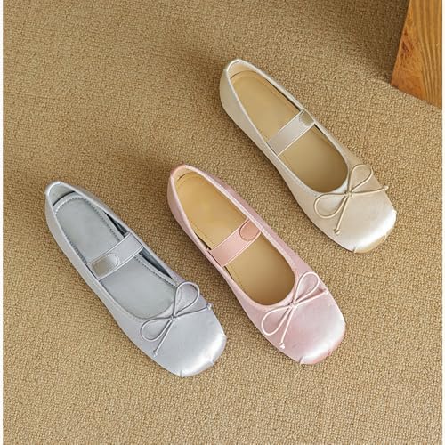Women's Mary Jane Satin Ballet Flats Cute Bowknot Round Toe Slip-On Flats Non-Slip Sole, Elastic Strap, Comfort Dancing Shoes3
