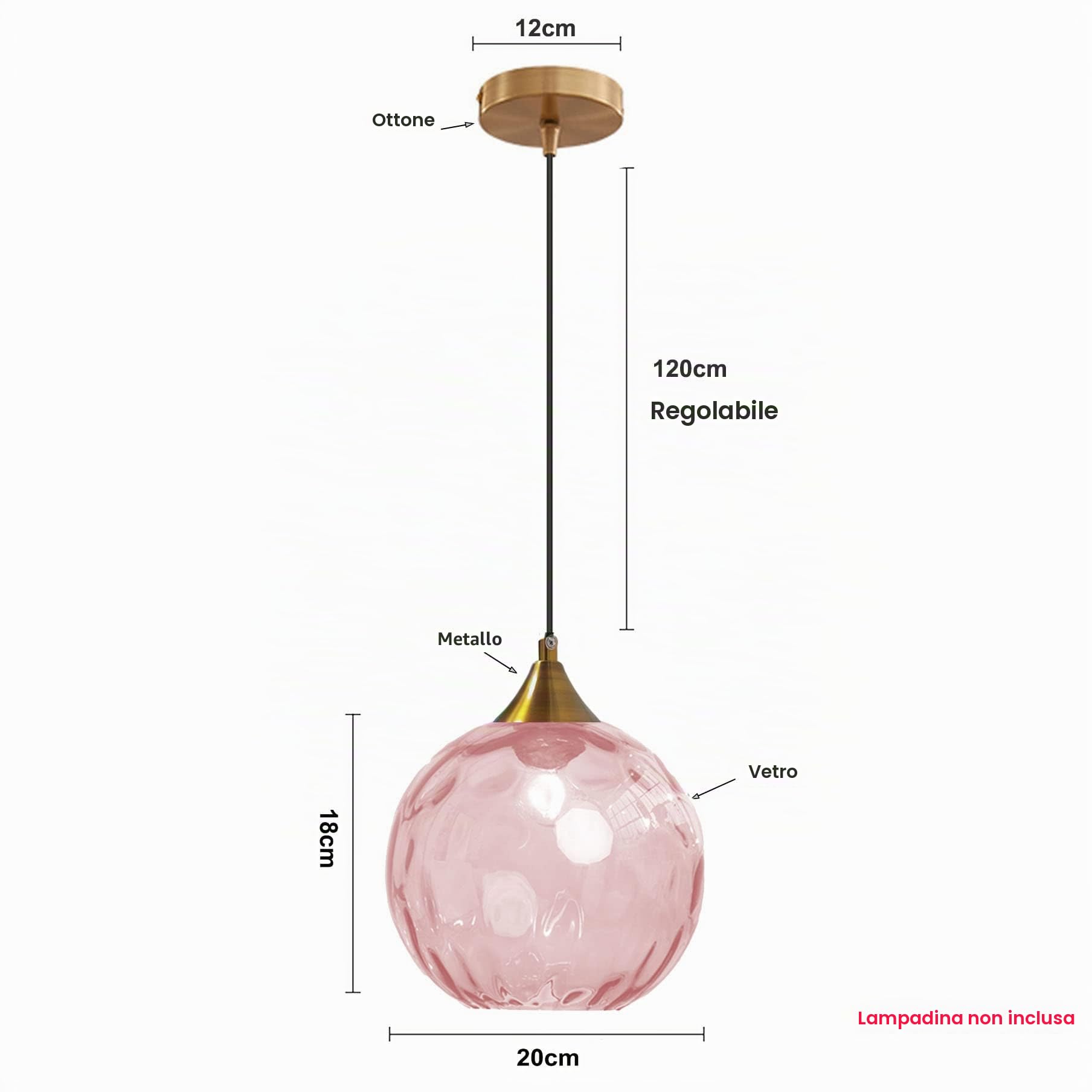 Lampadario a Sospensione a Sfera in Vetro Ondulato con Finitura Oro Lampada a Sospensione a Soffitto Industriale Vintage E27 Per Sala da pranzo Cucina - Rosa