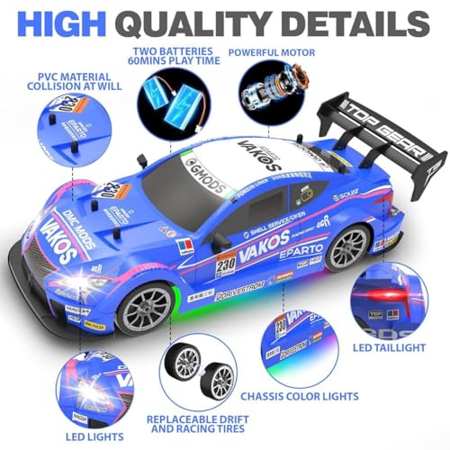 Image of Rc Drift Remote Control Car 1:24 Scale, High-Speed, 4Wd, Led Lights, Rechargeable Racing Car, Drifting Tires, 2.4Ghz, for Kids (RC Drift Car - Blue)
