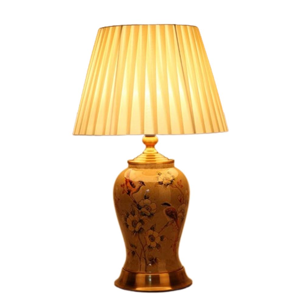 SGKOMN 21.2" Chinoiserie Ceramic Table Lamp Traditional Bedside Desk Nightstand Lamp With Flower And Bird Pattern For Bedroom Living Room Office College Bookcase-H
