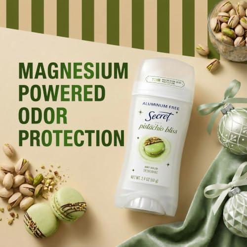 Image of Secret Aluminum Free Deodorant for Women, 72hr Magnesium Odor Protection with Pro-Hyaluronic Acid, PH Balancing Minerals, Holiday Dry Solid, Pistachio Bliss Scent, 2.4 oz