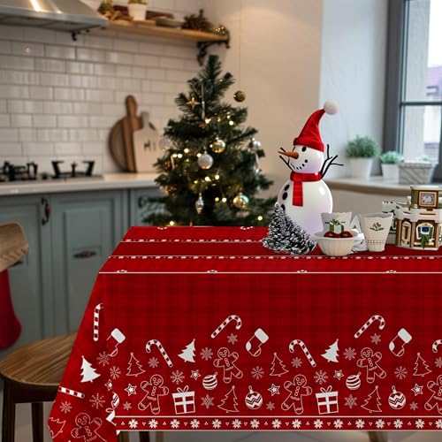 Image of Childom 2 Pack Christmas Tablecloths Disposable,Christmas Decorations,54 x 108 Inch,Plastic Table Cloths for Rectangle Tables,Red Themed Checkered Table Covers for Xmas,Indoor,Outdoor,Birthday,Parties
