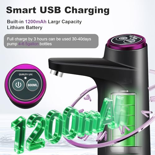 Wasserflaschen Pumpe, Elektrischer Wasserspender, USB-Lade Automatische Trinkwasserpumpe, 5 Gallonen Wasserflaschen Pumpe für Home Camping Office Küchen Schule mit Schläuchen,Ladekabel