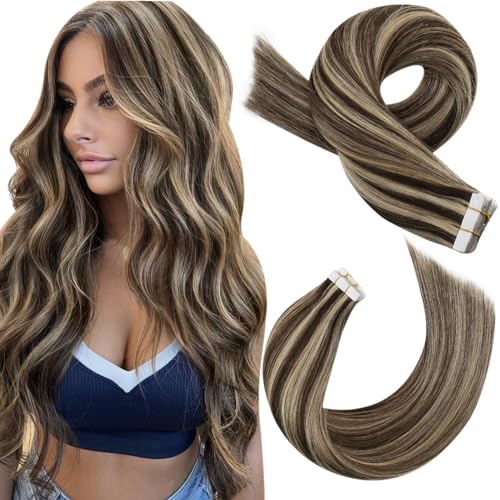 Moresoo Tape in Hair Extensions Human Hair 18 Inch Brown Highlights Caramel Blonde Tape in Human Hair Extensions Remy Hair Straight 20 Pieces/50g #P4/27