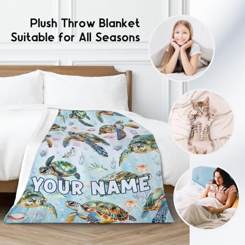 Custom Turtle Blanket with Name for Girls Boys, Cute Soft Gifts for Ocean Lovers, Cozy Flannel Throw for Couch Office, 40"x50"