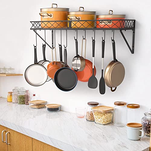 Image of Craft Expertise Wall-Mounted Pot & Pan Rack - Heavy-Duty 25 inch x 10 inch x 5 inch Metal Cookware Organizer with 10 Hooks | Space-Saving Hanging Shelf for Saucepans & Utensils - Black