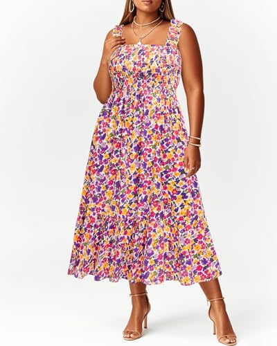 Image of Plus Size Summer Dress - Sun Boho Beach Casual Floral Spaghetti Strap Sleeveless Long Maxi Dresses