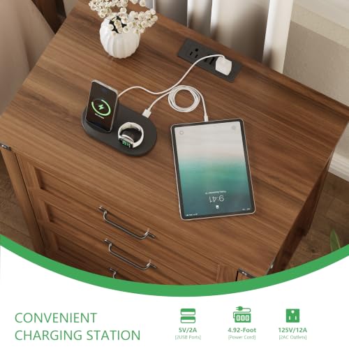 Image of Xixini Nightstand with Charging Station, 24 inch Wide Farmhouse Bedside Table with 3 Deep Storage Drawers, Modern Wood Side Table with Mental Handle, Tall End Table for Bedroom, Walnut
