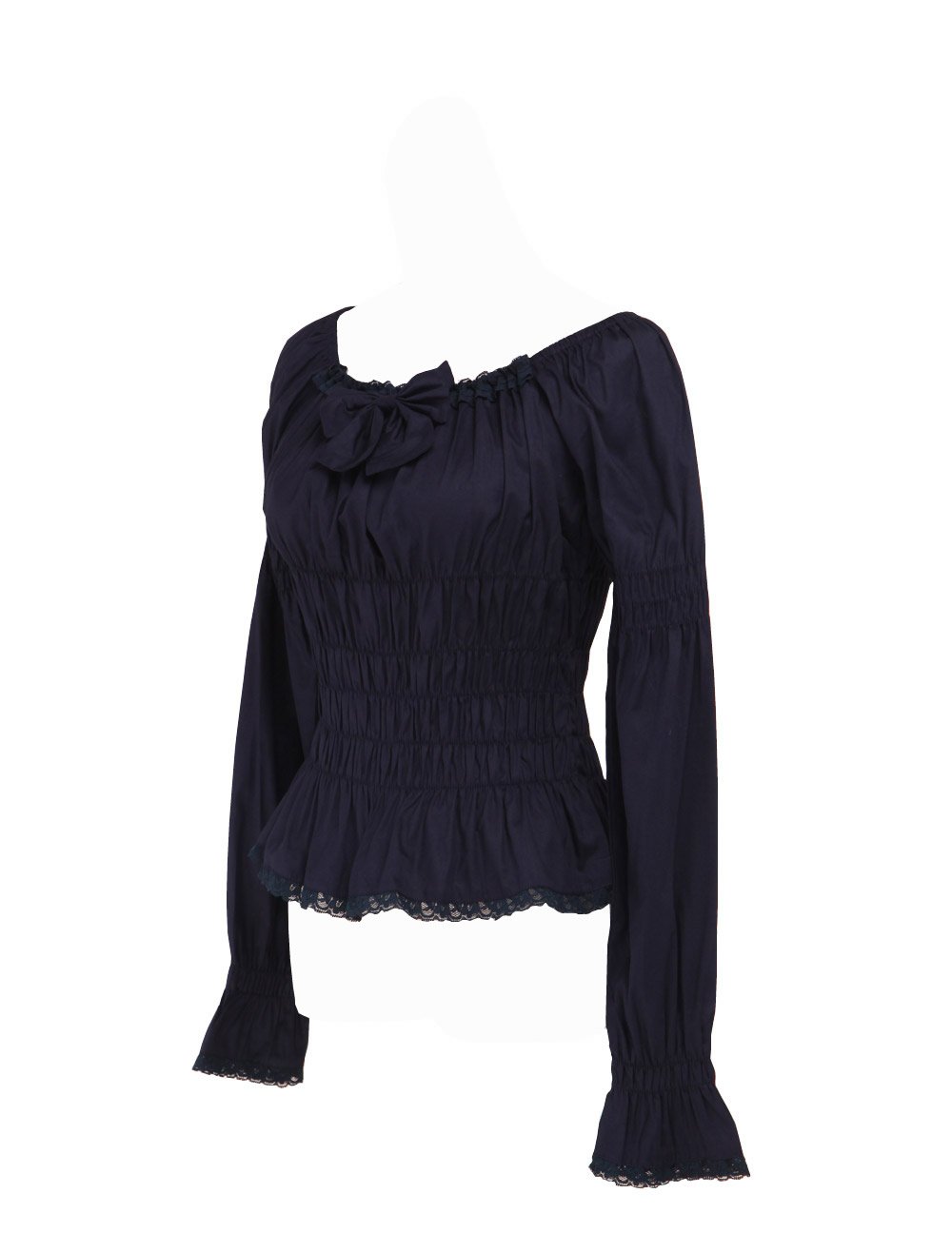 an*tai*na* Camicia Tradizionale Lolita vittoriana Vintage in Cotone Nero con Pizzo e Fiocco Arricciati