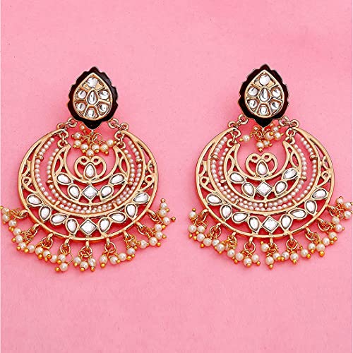 Estele Gold Plated Gorgeous Kundan Chandbali Earrings with Pearl for Women - Image 3